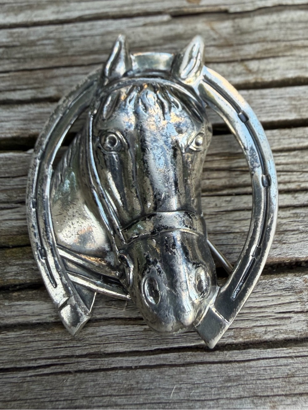 Sterling Equestrian 3D 1.5” Horse Head In Horseshoe Pin/ Brooch